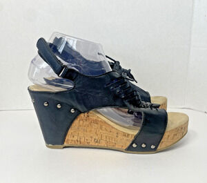 EpicStep Black Lace Up Cork Wedge Sandals Open Toe Size 9